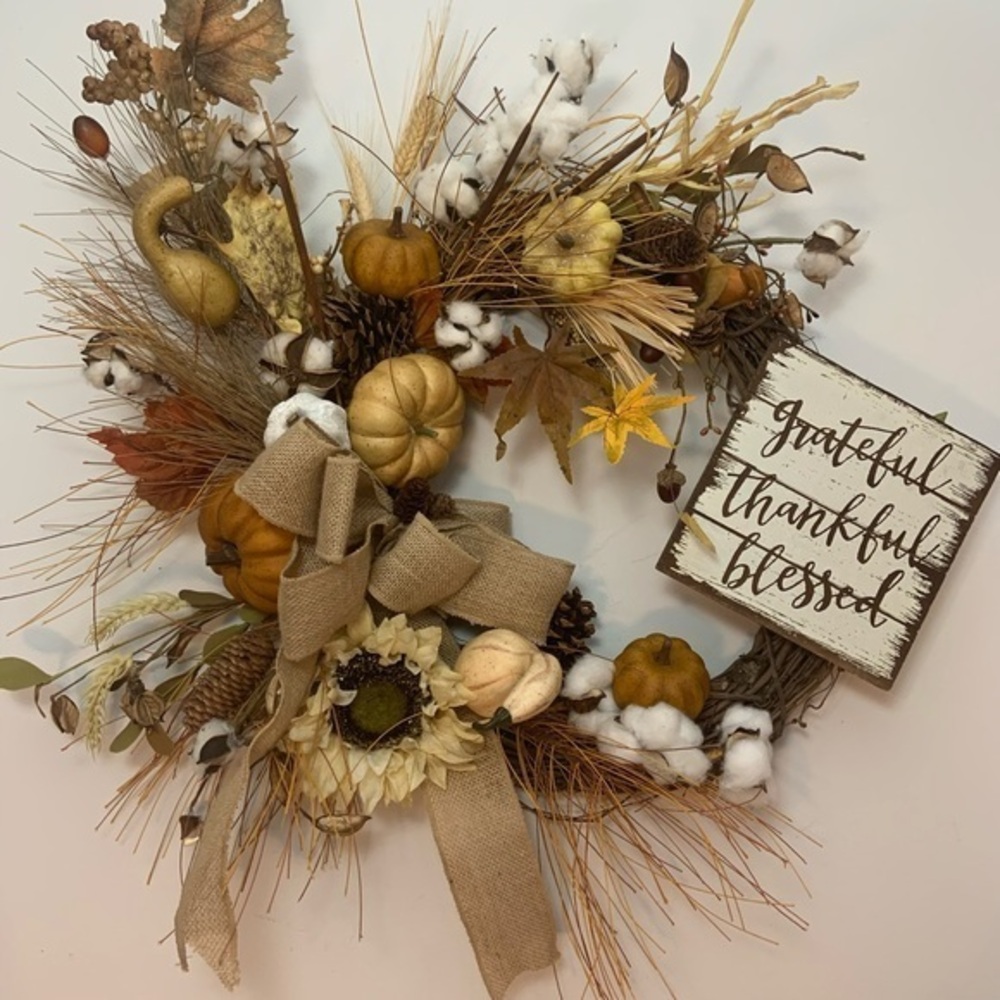 New Floral Fall Farmhouse Natural Colors Sunflower Pumpkin Autumn Wreath.